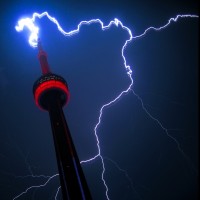 The CN Tower gets hit by lightning strikes an average of 75 times a year but the Tower has been withstanding this since 1976 when it was built