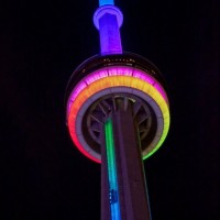 The CN Tower is lit at night with 1,330 super-bright LED lights inside the elevator shafts, shooting different colours over the main pod and upward to the top of the tower