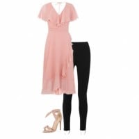A pink midi dress, black leggings and pink heels