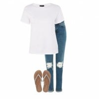 A white t-shirt, blue ripped jeans and a pair of sandals