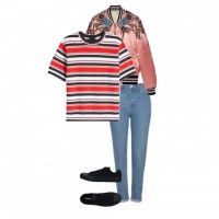 A striped shirt, a bomber jacket, a pair of mom jeans and sneakers