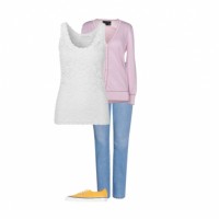 A white tank top, a pair of blue jeans, a pink cardigan and yellow sneakers