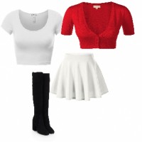 A white crop top, a red crop cardigan, a white skirt and black knee length boots