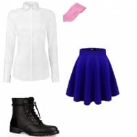 A white blouse with a pink tie, a blue skirt and black boots