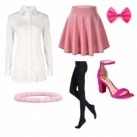 A white blouse, pink skirt, black tights, pink heels and pink hairbow with a pink bead bracelet